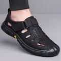 Breathable black men's closed-toe leather sandals with anti-slip soft sole - 38 / Black