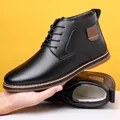 Stylish black men's business casual high-top leather boots with warm white fleece lining - 38 / Black