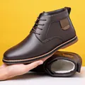 Men's stylish brown high-top business casual leather boots with warm white plush lining - 38 / Brown