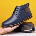 Blue men's high-top leather boots with warm fleece lining for business casual wear - 38 / Blue