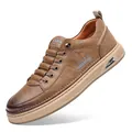 Brown men's casual leather sneakers featuring vintage texture and cream thick rubber sole - 38 / Casual Style (7773) / Brown