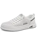 Stylish white men's casual breathable leather sneakers with perforated design and laces - 38 / Casual Style (7773) / White Hollow Style