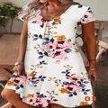 Casual women's short sleeve V-neck floral print summer dress with vibrant 3D floral pattern - S / Dresses / White Base Colorful Floral (03)