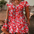 Stylish V-neck short sleeve dress featuring a vibrant red and white floral print for women - S / Dresses / Red Floral (04)