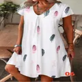 Elegant white short sleeve V-neck casual dress with colorful 3D feather print for women - S / Dresses / White Feather Print (06)
