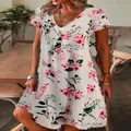 Elegant V-neck short sleeve women's dress featuring a vibrant red and green floral print - S / Dresses / White Base Red Flower Green Leaf Print (07)