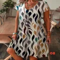 Women's V-neck short sleeve casual dress with colorful 3D abstract pattern style 08 - S / Dresses / Colored Abstract Leaves (08)