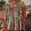 Elegant women's V-neck short sleeve floral print dress featuring a vibrant garden pattern - S / Dresses / Pink Floral (09)