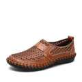 Close-up detail of men's brown breathable mesh slip-on shoes with durable rubber sole - 38 / Brown