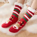 Festive red and green striped Christmas socks with reindeer pattern and soft fuzzy lining - One Size / Christmas Deer Head