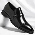 Classic black men's formal dress shoes with crocodile texture and metal buckle detail - 37 / Black