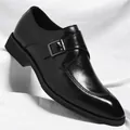 Classic black faux leather monk strap business dress shoe featuring a sleek silver buckle - 37 / All-season Style / Black