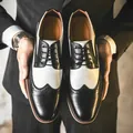 Classic black and white men's brogue wingtip dress shoes with lace-up design - 37 / Season Black