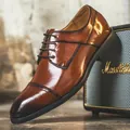 Vintage brown men's dress shoes with burnished finish and cap-toe brogue detail - 37 / Brown