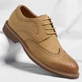 Classic men's tan wingtip brogue oxford shoes with elegant decorative perforations for formal business - 38 / Yellow