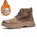 Durable brown suede men's high-top outdoor Martin boots with warm winter fleece lining - 38 / Khaki Fleece