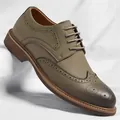 Classic men's olive green Brogue business dress shoes with elegant wingtip carving details - 38 / Khaki