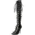 Side view detail of black knee-high lace-up stiletto sandals with metallic eyelets. - Black