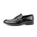 Men's black leather monk strap shoes with double silver buckles and pointed toe design - 40 / Black