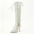 White knee-high lace-up gladiator sandals with stiletto heel and square toe - White