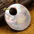 Round iridescent shell pendant with gold sea turtle and marine pattern - Round Sea Turtle Style (Style 1)