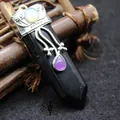 Pendentif épée en cristal d'obsidienne noire avec détails floraux en argent et pierre violette - Obsidian (aljylp662)