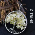 Handmade life tree pendant featuring yellow crystal chips and silver wire wrap - Natural / Citrine