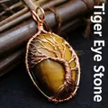 Handmade oval Tiger's Eye stone Tree of Life wire wrapped pendant in rose gold finish - Natural / Tiger's Eye
