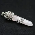 Natural rose quartz hexagonal pillar pendant with silver flower detailing - Rose Quartz Rose Wrap (Silver) (Pendant Only) / Pink