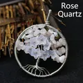 Handmade silver wire-wrapped tree of life pendant with pink rose quartz and flower details. - Natural / Rose Quartz