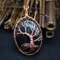 Handmade rose gold wire-wrapped Tree of Life pendant with oval black obsidian stone - Natural / Obsidian