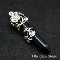 Natural black obsidian hexagonal prism pendant with silver rose flower wrap - Obsidian Rose Wrap Pendant Only (Without Chain) / 53mm x 11mm / Black (Silver Edge)
