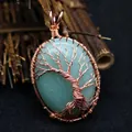 Handmade oval aventurine tree of life pendant with elegant rose gold wire wrap design - Natural / Aventurine Jade