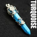 Exquisite blue turquoise hexagonal column pendant with silver rose flower filigree wrap - Blue Turquoise Rose Wrap (Silver) / Cyan Blue