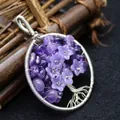 Handmade Tree of Life pendant with purple amethyst chips and resin flowers. - Natural / Amethyst