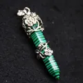 Vintage malachite green hexagonal pillar pendant with silver rose flower wrap decoration - Malachite Rose Wrap Pendant Only (Without Chain) / 53mm x 11mm / Green