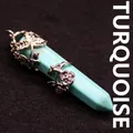 Natural turquoise hexagonal column pendant with silver rose flower wrap decoration - Turquoise Rose Wrap (Silver) / Turquoise Green