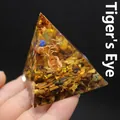 Handcrafted resin pyramid ornament with tiger eye chips and copper tree of life - Tiger's Eye