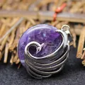 Elegant round purple amethyst pendant with silver-toned peacock wrap design - Amethyst