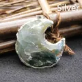 Natural Indian agate raw stone crescent moon pendant with silver colored metal plating edge - Pendant Only (Without Chain) / Silver