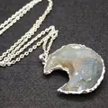 Natural Indian agate moon pendant necklace with silver O-chain for bohemian style jewelry. - With Necklace / Silver