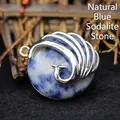 Blue spotted stone peacock pendant with decorative silver metal wrap - Blue Spot Jasper