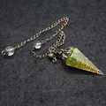 Vintage hexagonal peridot crystal pendulum pendant with internal copper wire wrap and chain - Peridot