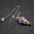 Retro hexagonal cone dowsing pendulum pendant with multi-color natural crystal chips - Rainbow