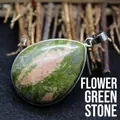 Natural teardrop-shaped unakite stone pendant necklace with polished silver metal bezel - Unakite