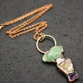 Irregular crystal pendant with green fluorite and citrine on a bronze tone long chain - Pendant with Necklace