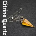 Yellow citrine crystal hexagonal cone pendulum with vintage metal chain decoration - Citrine