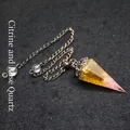 Hexagonal crystal pendulum with yellow and pink stones on a vintage bronze chain - Citrine and Rose Quartz