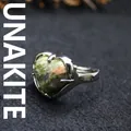 Elegant heart-shaped green unakite crystal ring for women with silver-toned band - Adjustable Open / Unakite