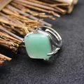 Elegant silver-toned ring featuring a polished square green aventurine gemstone inlay - Adjustable Open / Rhombus Geometric Surface (aljylR862) / Aventurine Jade